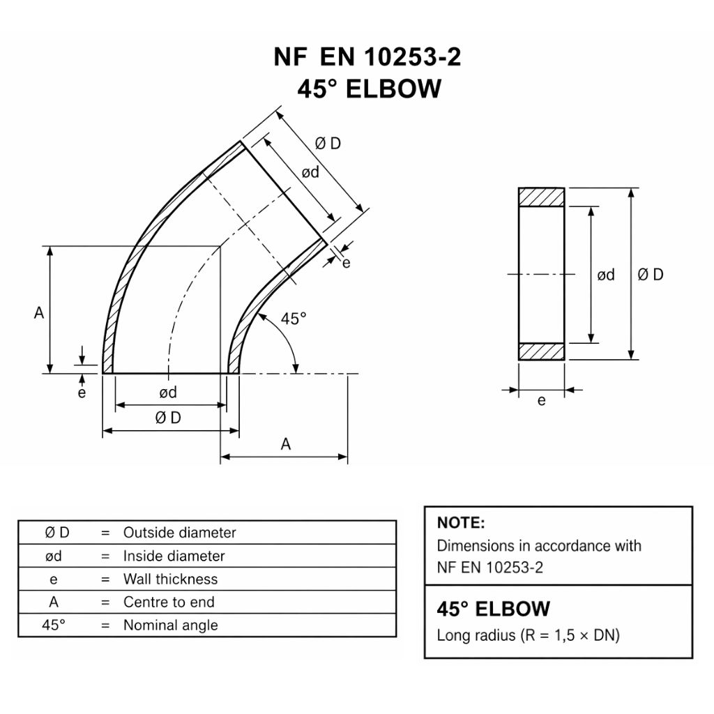 Coude 45° selon NF EN 10253-2
